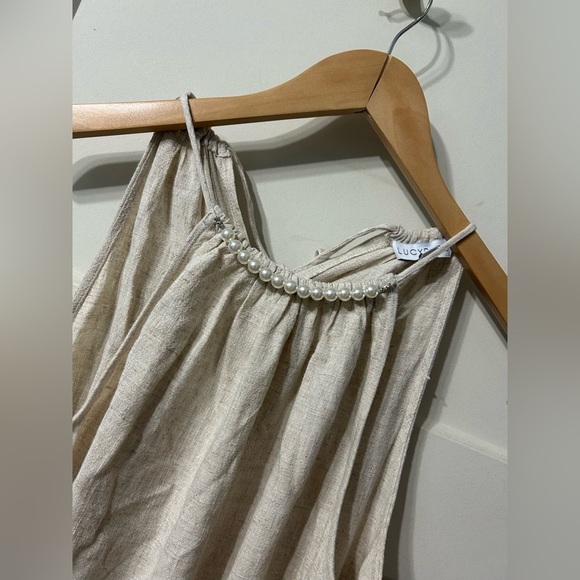 Lucy Paris Pearl Embellished Halter Dress With Side Cut Outs Linen blend maxi - Picture 7 of 10